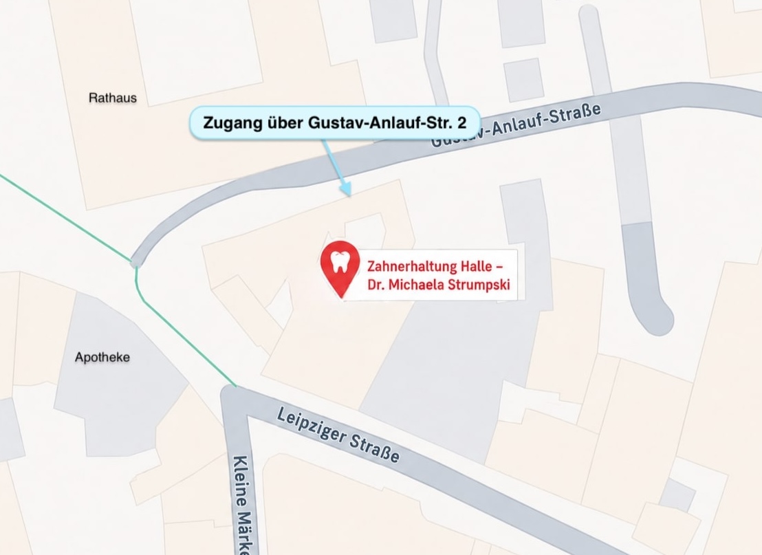 Lagekarte der Praxis Zahnerhaltung Halle, Dr. Michaela Strumpski – Leipziger Straße 5, Zugang über Gustav-Anlauf-Straße 2