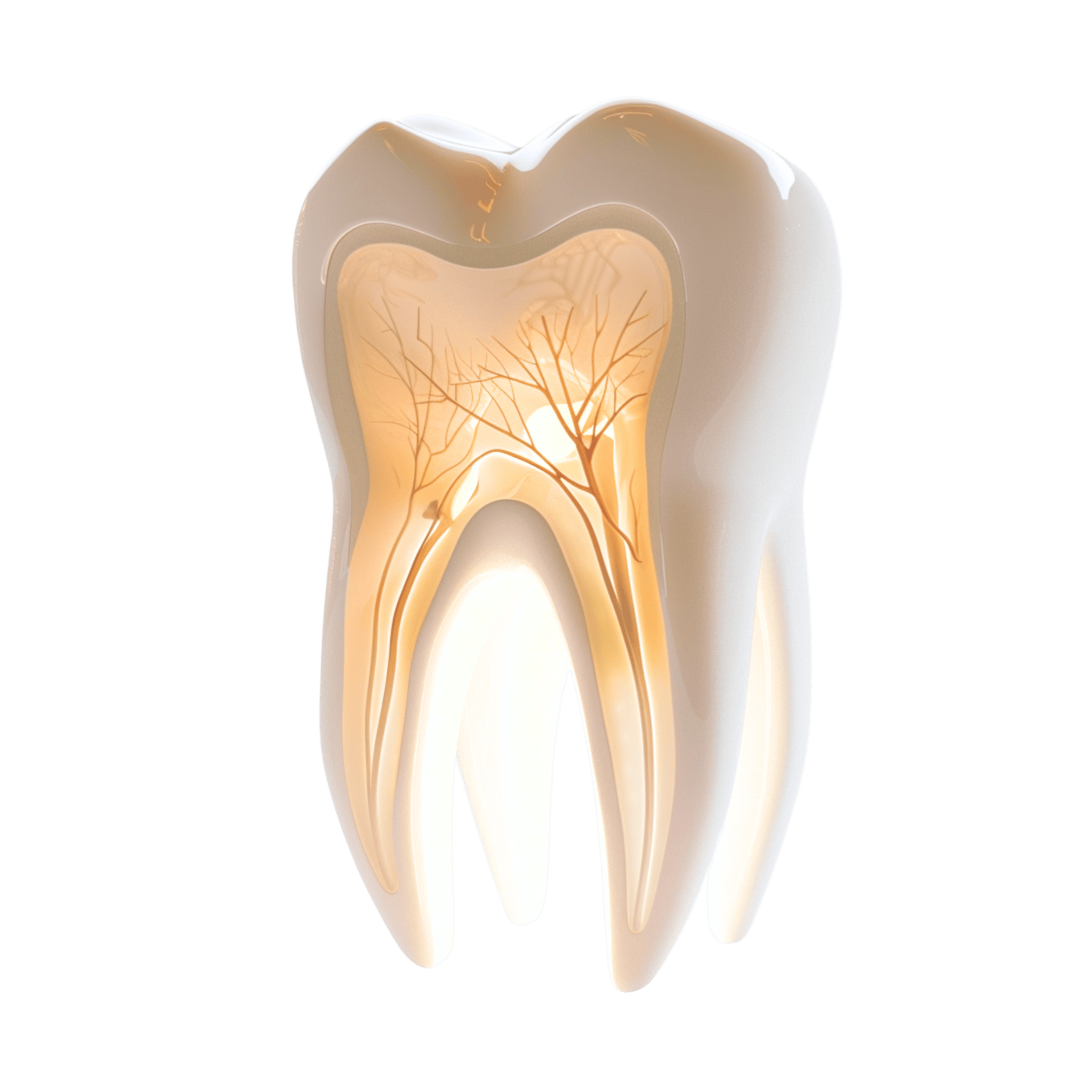 3D-Schnittdarstellung eines Zahns mit Nervenkanälen – Symbol für mikroskopische Wurzelbehandlung bei Zahnarzt Dr. Strumpski, Halle.
